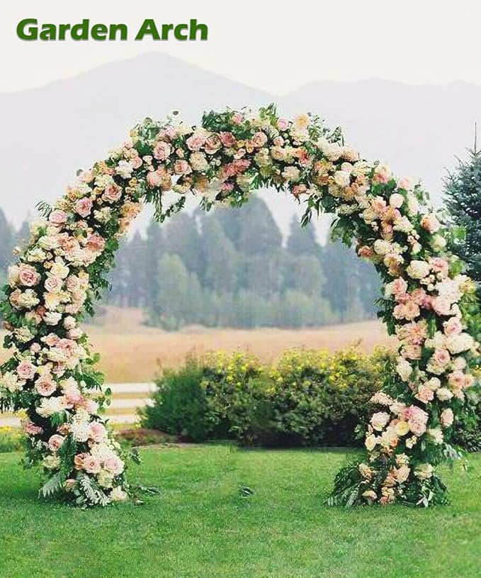 Queension Metal Wedding Arch | for Ceremony Party Decoration 8Ft Wide 7Ft High,Garden Arch Trellis with Ground Bases for Climbing Plants,Outdoor Garden Arbor for Roses Vines, Round Frame, Gold