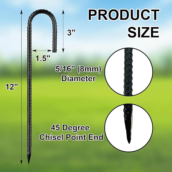 16 Pack 12 Inch Garden Ground Stakes, J Hook Rebar Stakes, Heavy Duty Steel Ground Anchors, for Tents, Fence, Trampoline and Outdoor Decoration