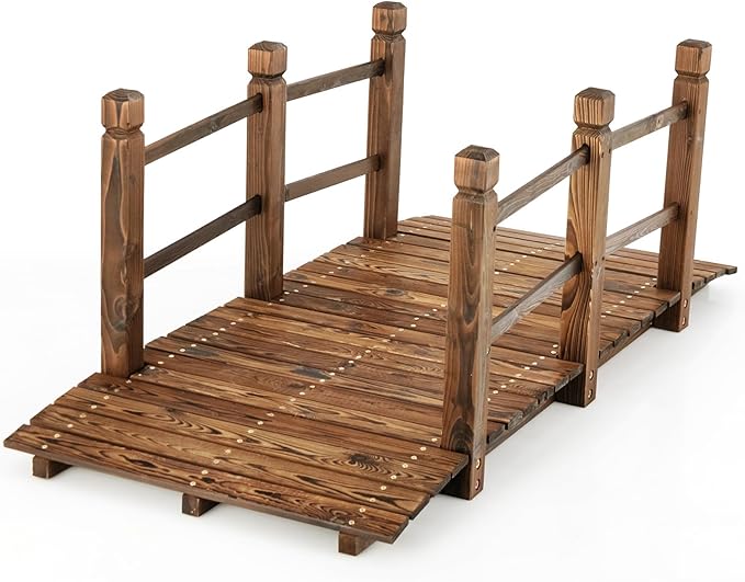 Giantex 5 ft Garden Bridge - Stained Wood Arc Footbridge Walkway with Side Railings, Decorative Wooden Bridge Landscaping for Backyard Farm Garden Creek Pond Decor, Easy to Assemble (Stained Brown)