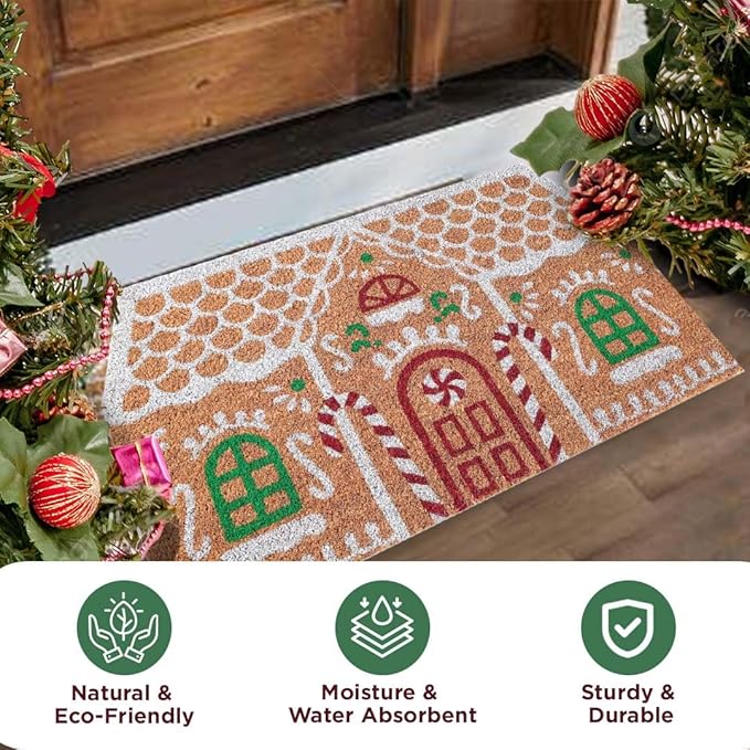 Folkulture Christmas Door Mat Outdoor, Eco Friendly Christmas Door Mats for Front Door, 28 X 16 Inch Welcome Matt or Doormat for Home Entrance, Durable & Anti Slip Coir Door Mats (Gingerbread House)