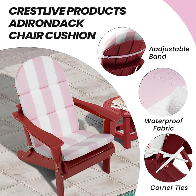 Crestlive 50x19.6 Inch Adirondack Chair Cushion Set of 2, Water Repellent, Fade Resistant, High Back Outdoor Rocking Chair Cushion for Patio, Pink Stripe