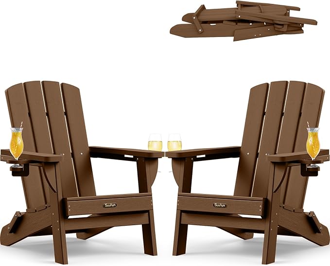 Folding Adirondack Chair 2 Pack, HDPE All-Weather Fire Pit Chairs, Plastic Adirondack Chairs with 2 Cup Holder, Outdoor Lawn Chair for Patio Garden (Brown)