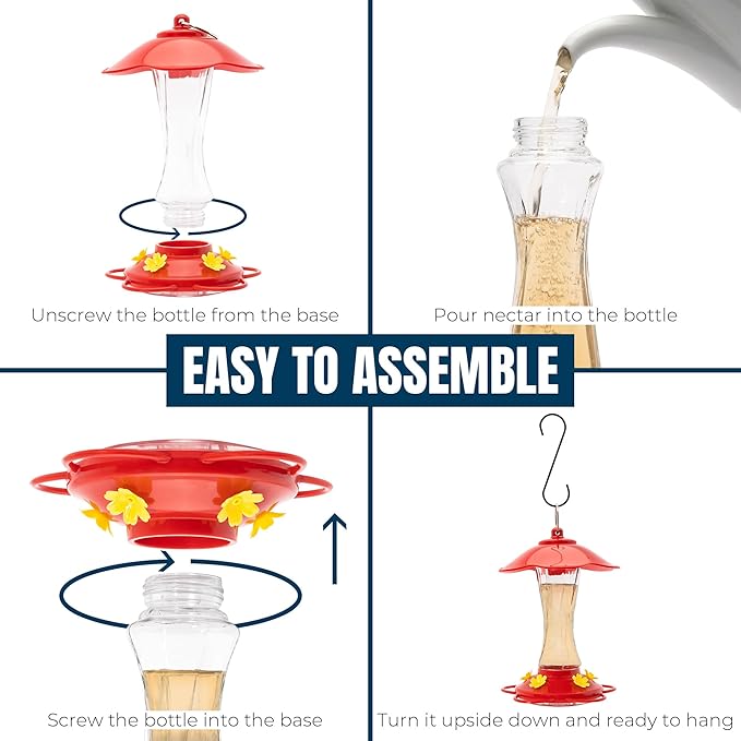 MEKKAPRO Hummingbird Feeders for Outdoors Glass - Red Hummingbird Feeders for Outdoors, Metal Ring, Bee-Proof Design, Easy Assembly, Red Hummingbird Feeder 10 oz