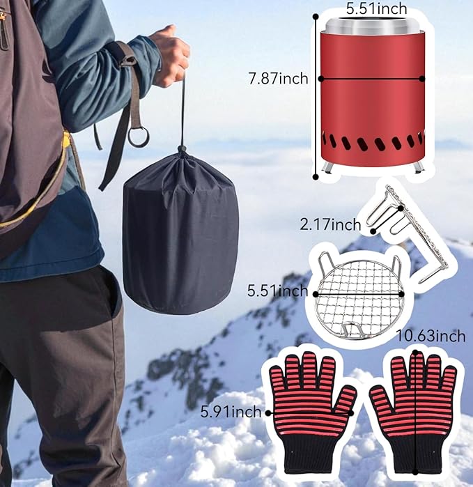 Red Tabletop Fire Pit - Portable Outdoor Camping Stove with Heavy-Duty Grill Grate & True Heat-Resistant Gloves, Low Smoke for Patio & Camping