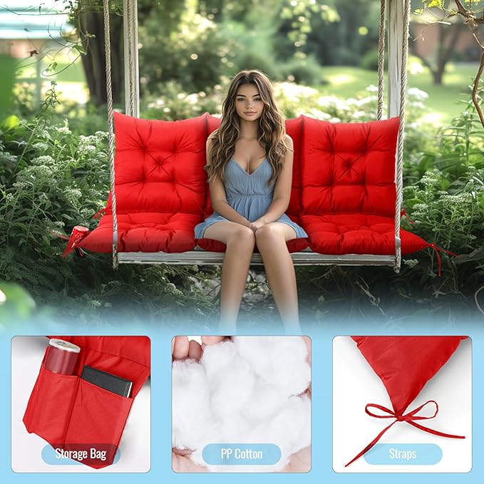 NACATIN 3 Seat Cushion for Outdoor Swing - 60x40 inches, 4" Thick Porch Swing Cushions with Ties and Storage Bag, Waterproof Bench Cushions for Patio, Outdoor, Backyard and Garden (Red)