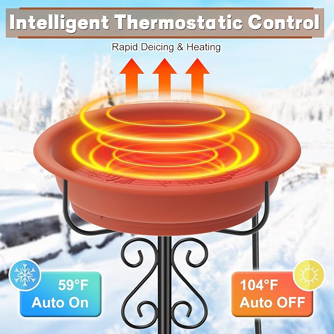 Heated Bird Baths for Outdoors,Large Capacity 100W Thermostat Control Heated Birdbath with 5-Prong Metal Base Water Heated Bird Bath Bowl for Outside Winter Garden Patio Yard Lawn(Brown)