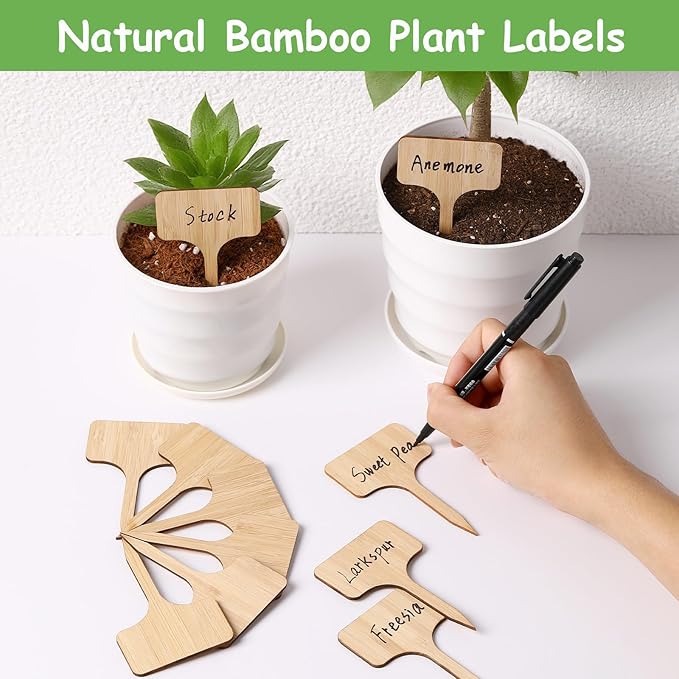 140 Pcs Bamboo Plant Labels with 1 Marker Pen, T-Type Natural Seedling Nursery Sign Tags, Wood Garden Markers Decorative Patio Tags for Outdoor Indoor Potted Plants Herbs Flowers Vegetables