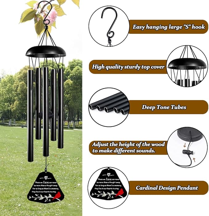 Memorial Wind Chimes,Sympathy Gift for Loss of Mother Father,30inch Sympathy Windchimes for Loss of Loved One,Cardinal Wind Chimes Outdoors Decor