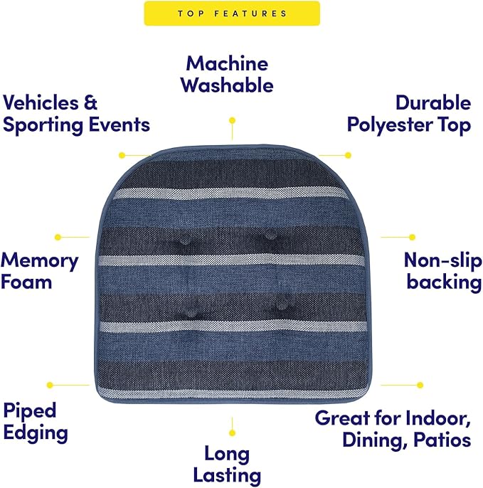 Sweet Home Collection Chair Cushion Memory Foam Pads Tufted Slip Non Skid Rubber Back U-Shaped 17" x 16" Seat Cover, 6 Count (Pack of 1), Bradford Steel Blue