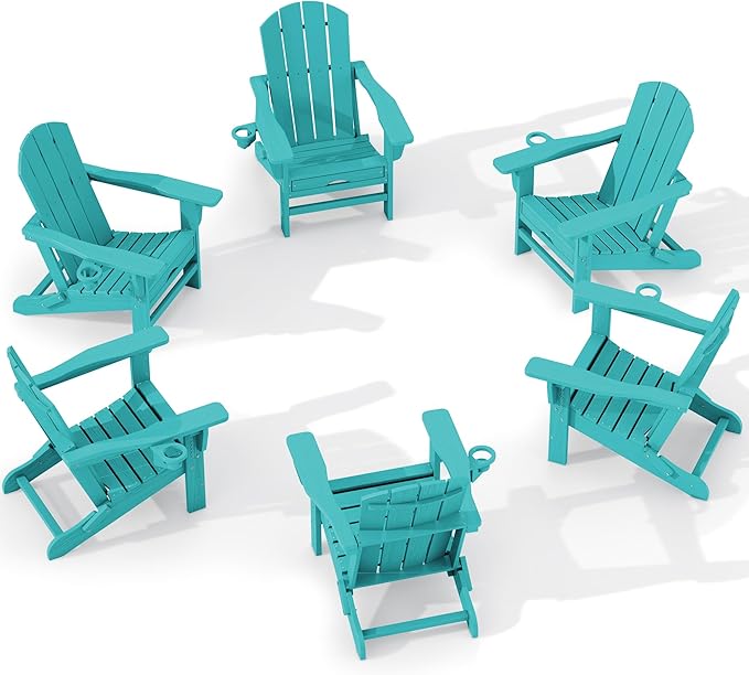 KINGYES Folding Adjustable Adirondack Chair with Retractable Ottoman Set of 6, HDPE All Weather Chair with Cup Holder - Recliner Adirondack Chair, Aruba