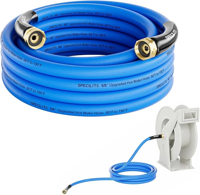 SPECILITE Female to Female Hot/Cold Garden Water Hose 20 ft x 5/8 Inch for Hose Reel, -50℉To 190℉, Heavy Duty, Flexible, Burst 605 Psi, Rubber Extension Pipe with 3/4" Brass Fittings