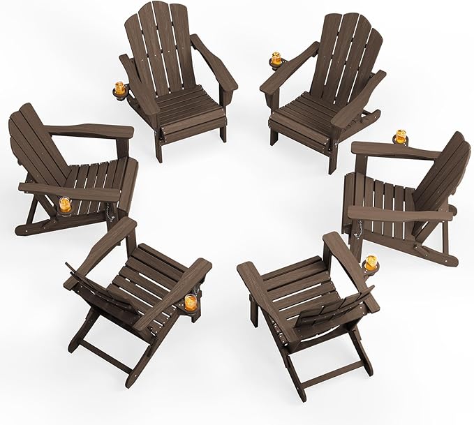 KINGYES Folding Adirondack Chair Set of 6, HDPE All-Weather Patio Chairs with Cup Holder, Wooden Textured Fire Pit Chairs for Poolside, Backyard, Deck, Coffee