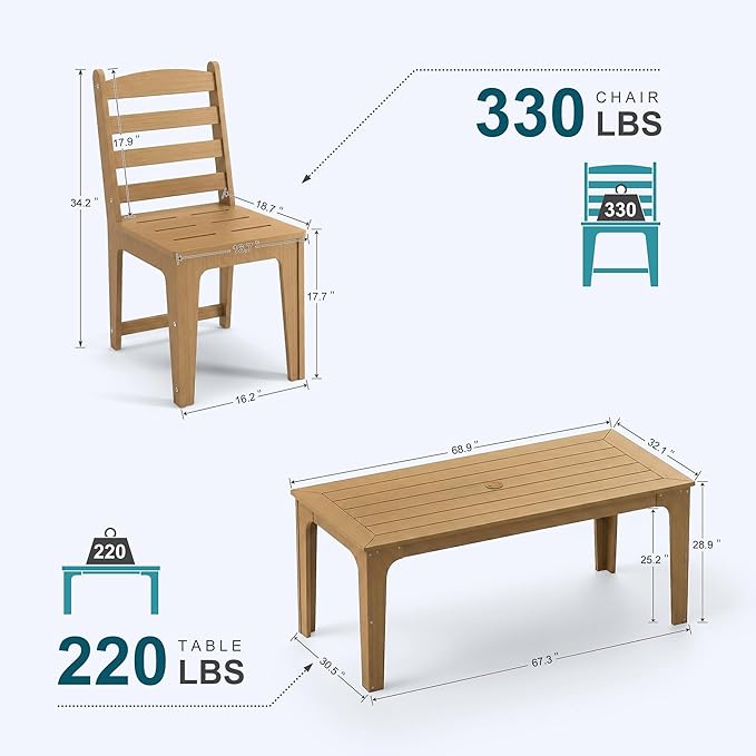 7-Piece HDPE Patio Dining Set, Weather-Resistant Outdoor Table with 2/1.5-Inch Umbrella Hole, Never Sagging One-Piece Tabletop with Metal Support Bars for Poolside Backyard Garden (Teak Color)
