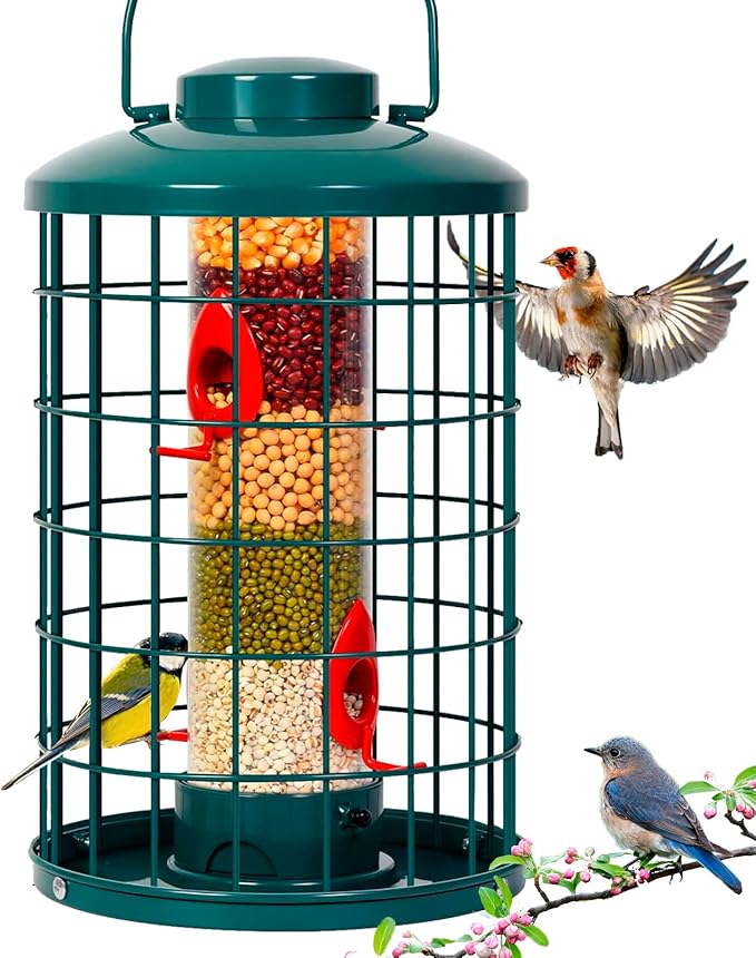 Caged Bird Feeder for Wild Birds Outside, Large Squirrel-Proof Heavy-Duty Metal Hanging Tube Bird Feeder, 4 Feeding Ports, 13.2'' High, 3LB Seed Capacity (Green)