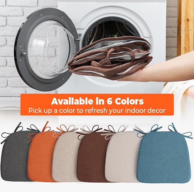 Chair Cushions for Dining Chairs, D-Shaped Seat Cushions with Removable Washable Cover and Ties, Chair Pads for Kitchen, Indoor Dining Room, Patio Chairs, 17'' x 16'', Set of 6, Brown