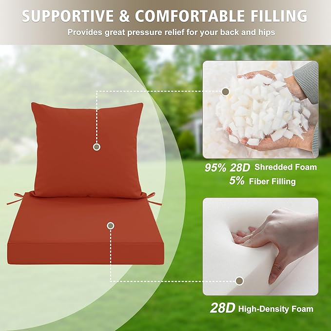 24x24 Inch Outdoor Cushions for Patio Furniture, Waterproof Outdoor Chair Cushions w/ Fade-Resistant, Removable & Machine-Washable Covers, Deep Seat Sofa/Couch Pad Replacement – Set of 1/2/4, Rust