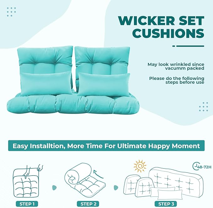 Wicker Chair Cushions of 5 Pieces, Waterproof Outdoor Loveseat Cushion for Wicker Furniture, 1 Love Seat Cushion, 2 U-Shape and 2 Lumbar Pillows for Patio Furniture (Teal)