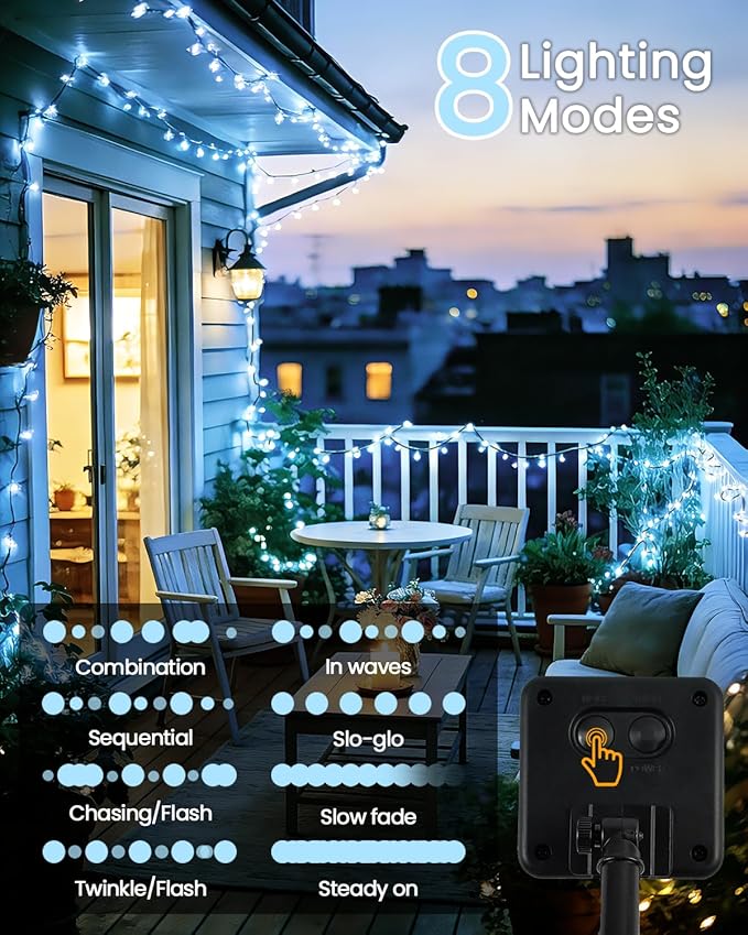 OZS 4 Pack 320LED Solar String Lights Outdoor, Waterproof 8 Modes Solar Tree Light, Green Wire Christmas Lights Outdoor for Garden, Party, Wedding, Christmas Decorations (Cool White)