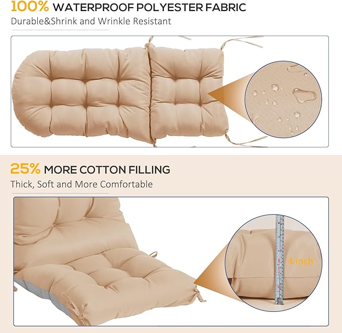 Adirondack Chair Cushions Set of 2, Thick High Back Rocking Chair Cushion 47x19.6x4 Inch, Folding Patio Pads with Ties, Waterproof & Fade-Resistant Seat Pads Indoor/Outdoor (Khaki, 2)