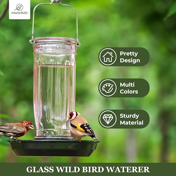 Kingsyard Glass Bird Water Dispenser for Outdoor, 16 Oz, Bird Water Feeder with Metal Hanging for Garden Yard Fence Decoration Hummingbird Cardinal Bluebird Finch, Pink