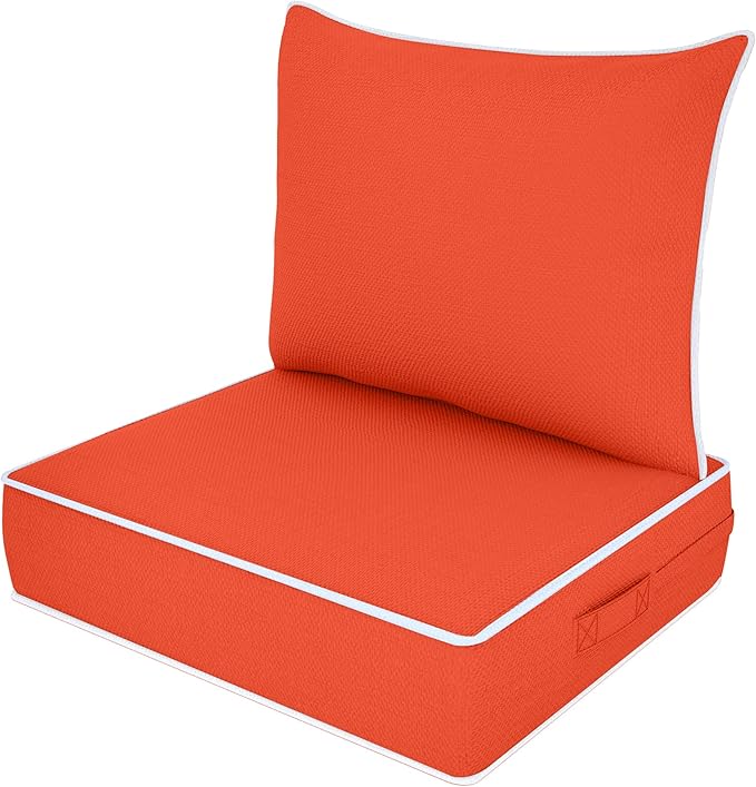 Outdoor Deep Seat Cushion Set, Fade Resistant Patio Chair Cushions, 24x24x6 Inch Patio Sofa Furniture Pad with Removable Cushion Covers (Orange + White Side, 24''Lx24''Wx6''H-1pcs Set)