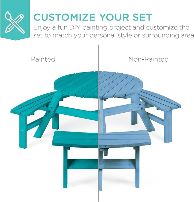 Best Choice Products 6-Person Circular Outdoor Wooden Picnic Table for Patio, Backyard, Garden, DIY w/ 3 Built-in Benches, 500lb Capacity - Seaside Breeze