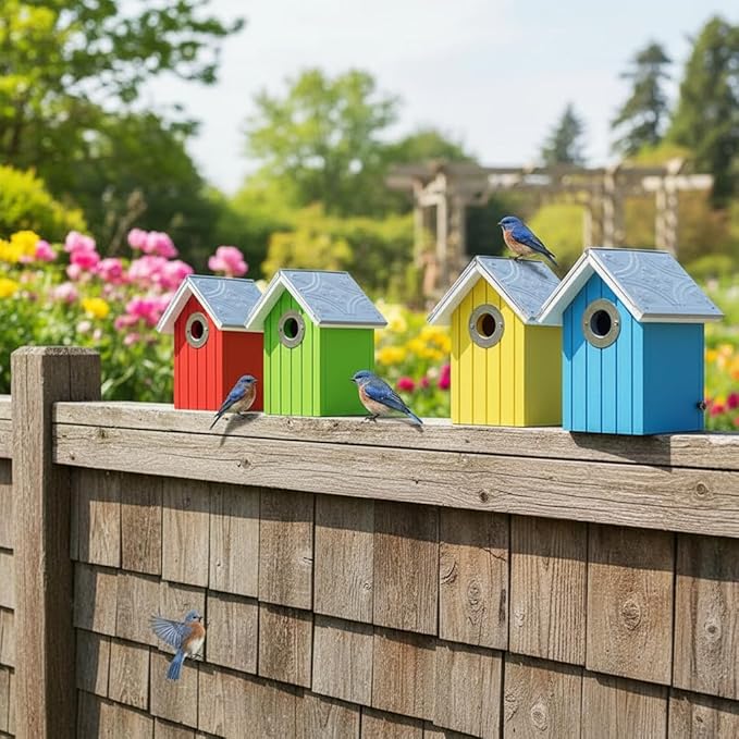 2PK Cedar Bluebird House, Wooden Bird House for Outside, 1.5" Entrance Hole Size, Stainless Steel Entrance Hole Protector, Silver Metal Roof, Colorful Garden Decorative (Green+Blue) Updated Version