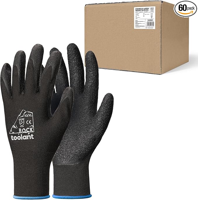 toolant Crinkle Latex Work Gloves Bulk, Rubber Coated Safety Work Gloves for Men and Women, 60 Pairs for Construction, Gardening, Warehouse (Black, XL)