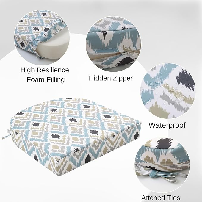 idee-home Outdoor Chair Cushions Set of 2, Thick 17" x 17" x 3" Outdoor Seat Cushions Patio Furniture Waterproof with Ties, Dining Pads