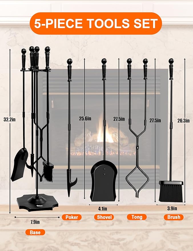 VODA Large 5 Pcs Fireplace Tools Set Black Fire Place Tools Indoor Outdoor Fire Place Poker Set with Stand, Including Fireplace Poker,Fireplace Tongs,Fireplace Shovel,Fireplace Brush and Sturdy Base