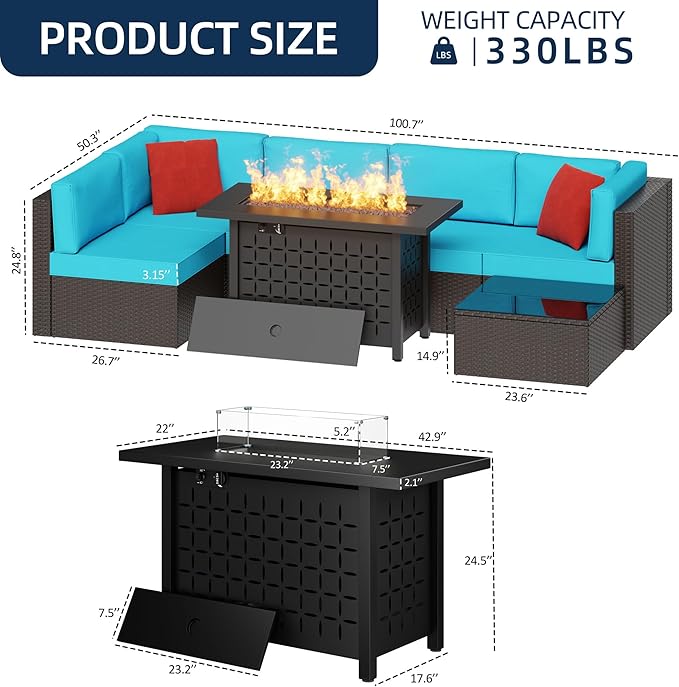 Vongrasig 7 Piece Patio Furniture Sets with 45 Inch Fire Pit Table All Weather PE Wicker Rattan Outdoor Sectional Sofa Couch Conversation Set w/Glass Table for Lawn, Garden, Backyard (Blue)
