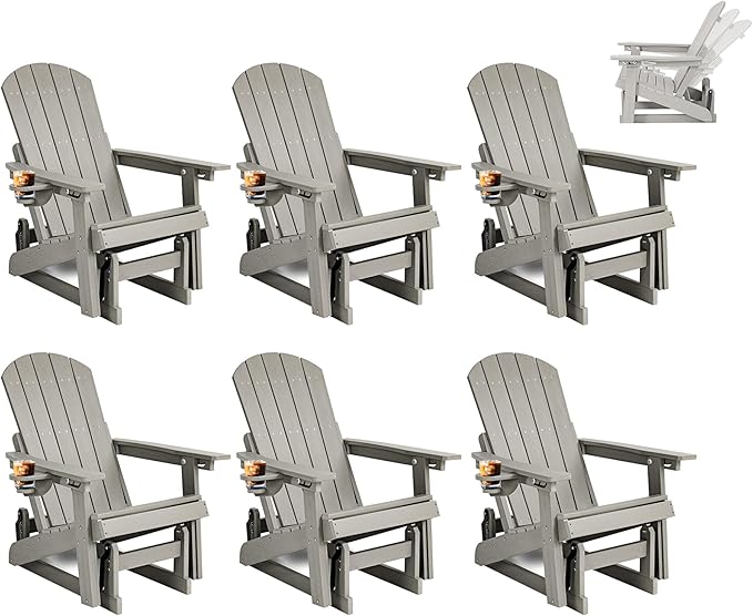 3-Position Adjustable Adirondack Chair with Cup Holder Set of 6, HDPE All-Weather Outdoor Glider Chair, Wood-Grain Fire Pit Chairs for Pool, Yard, Deck (Grey)