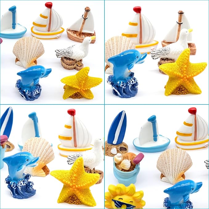 10 PCS Miniature Beach Figurines - Mini Shell Dolphin Starfish Sailboat Decorations, Ocean Diorama Supplies, Cake Topper