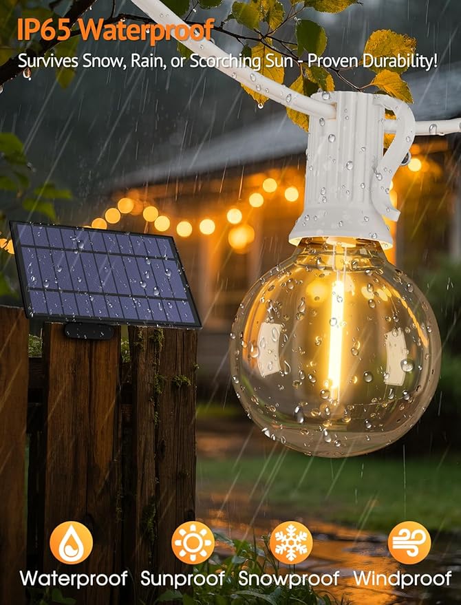 25FT Solar String Lights Outdoor with Remote, Waterproof Dimmable 3 Modes Patio Lights with 10+1 LED Shatterproof G40 Bulbs for Garden-White