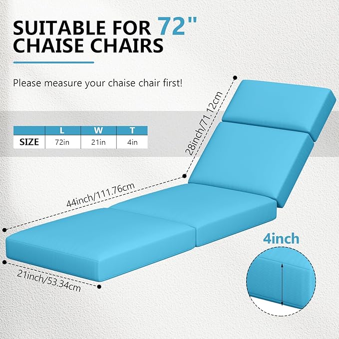 4 Pcs Chaise Lounge Cushions Outdoor, 72 x 21 x 4 Inch Lounge Chair Cushions for Outdoor Furniture - Waterproof Lounge Patio Replacement Cushion, 4In Fade-Resistant ThickPatio Chaise Lounge Cushion