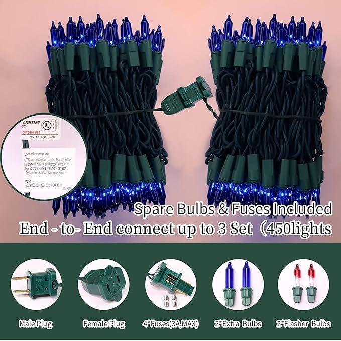 LAMPHOME Blue Christmas Lights Decoration 300Lights 63.8ft(2pk of 150L) UL Certified Mini Bulb String Lights Set Hanukkah Traditional Light for Outdoor Christmas Tree Garden Holiday Party Patio Decor