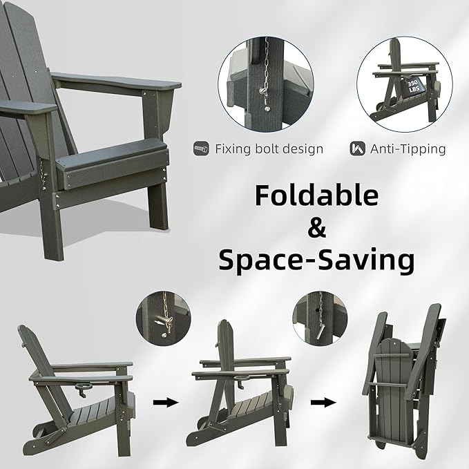 Domi Folding Adirondack Chairs Set of 4, HDPE All-Weather Outdoor Chairs with Cup Holder, Wooden Textured Fire Pit Chairs for Backyard, Patio, Poolside & Deck, Grey