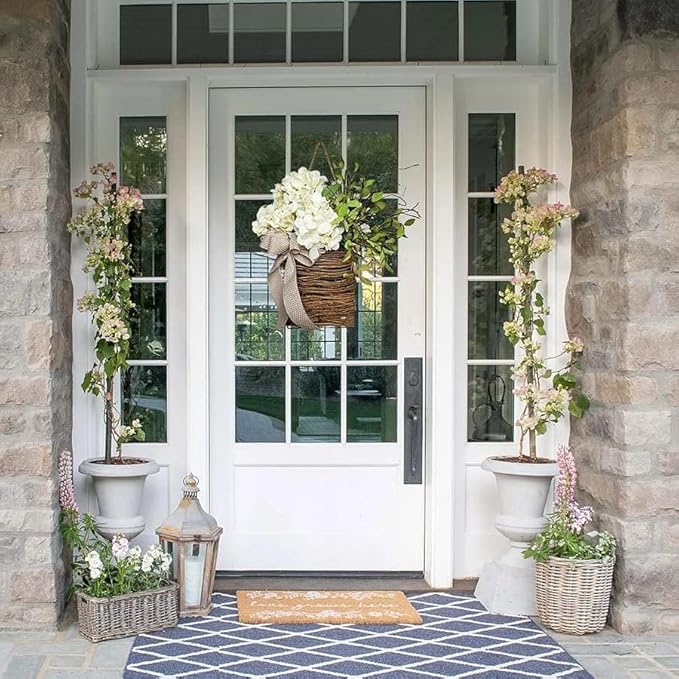 Cream Hydrangea Door Hanger Basket Wreath, 2024 Wildflowers Door Hanging Basket Wreath, Front Door Beautiful Artificial Spring and Summer Wreath Welcome Sign, Home Porch Farmhouse Decor