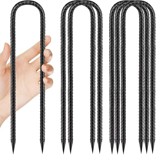12 Inch Rebar Stakes, U Hook Ground Stakes 6 Pack Black Ground Anchors for Tent Heavy Duty for Plants Anti-Rust Landscape Fabric Artificial Turf