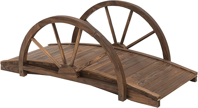3.3ft Wooden Garden Bridge Arc Footbridge with Half-Wheel Style Railings & Solid Fir Construction, Stained Wood