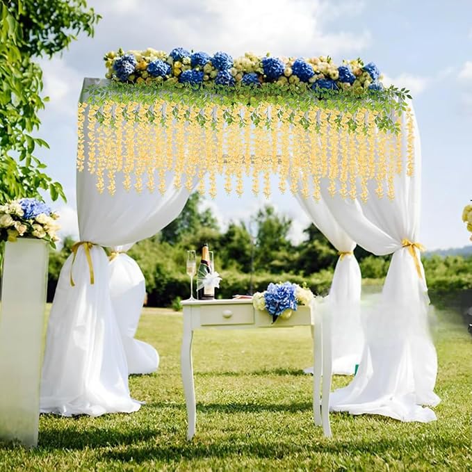 Artificial Flowers Hanging Flowers, Fake Wisteria Flower Garland Silk Vines Rattan String Decor for Home Wedding Arch Wall Garden Greenery Bedroom Outdoor Office Party Decoration (36, Champagne)