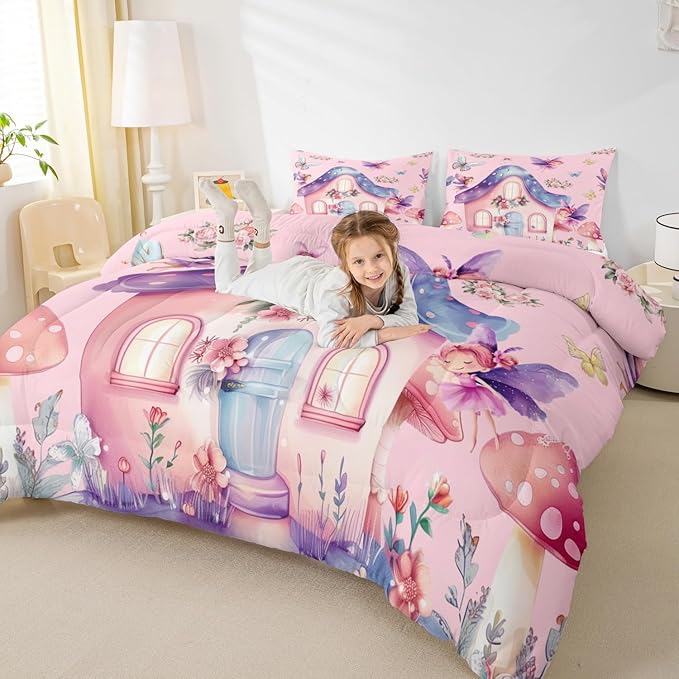 Erosebridal Fairy Garden Full Comforter Set - Pink Fairy Butterfly Bedding Sets for Girls Kids, Cute Pink Floral Bed Set, Kawaii Mushroom Flower Room Decor - 2 Pillowcases Breathable