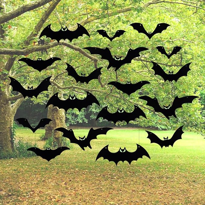 Hanging Bats Halloween Decorations Outdoor - 16 Pack Glowing Eyes Large Flying Bats 5 Different Size, Waterproof Plastic Realistic Black Bats Hanging in Tree Outside Halloween Decoration for Porch