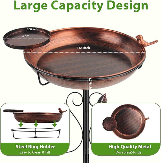 35" Tall Metal Bird Bath for Outdoors with Small Bird Feeder Bowl, 2" Deep 12" Dia Removable Bird Baths for Easy to Clean and Refill, Upgraded 7-Prong Base for Garden, Yard & Lawn (Copper)