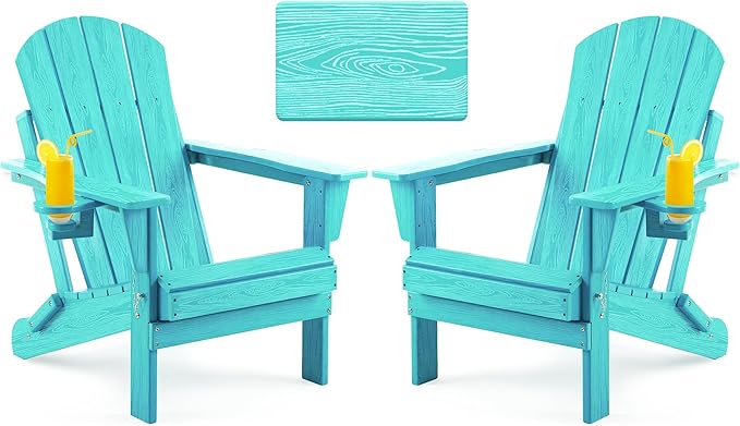 Folding Adirondack Chair Wood Texture, Patio Chairs Weather Resistant, Outdoor Chair, Lawn Chair with Cup Holder, Fire Pit Chair for Deck, Outdoor, Porch, Backyard
