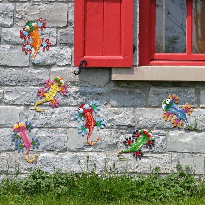 YEAHOME 6 Pack Metal Geckos Inspirational Wall Art, Mexican Outdoor Wall Decor with Shaking Head, Lizard Wall Sculptures & Statues for Farmhouse, Porch, Patio, Lawn, Fence
