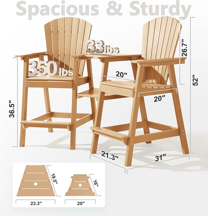 PASAMIC Tall Adirondack Chair Set of 2, All-Weather HDPE Outdoor Chairs with Removable Double Trays, Bar Height Adirondack Chairs for Balcony, Deck, Patio, Backyard, Wood