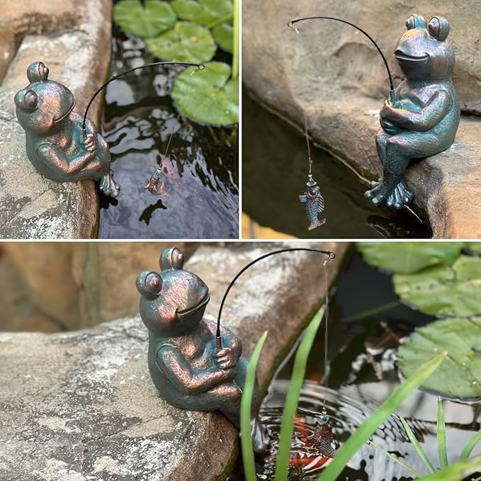 Antique Copper Fishing Frog Statue - Outdoor Garden Statue & Koi Pond Decor