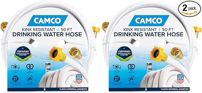 Camco Drinking Water Hose, 50', Reinforced PVC | Drinking Water Safe | Brass Fittings | Swivel Female Connector | 5/8-Inch ID