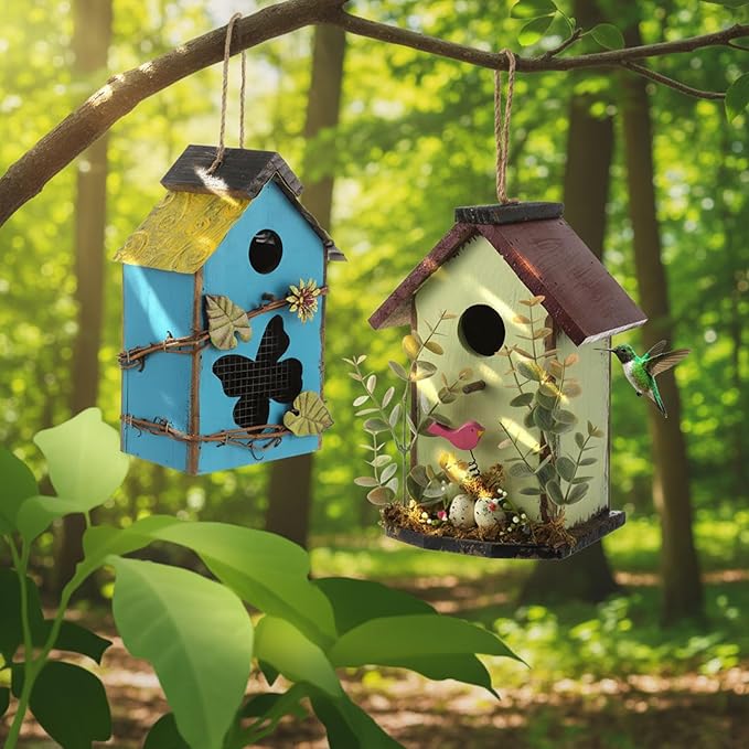 2 Pcs Decorative Birdhouse for Yard Outside Hanging Wooden Birdhouse Hand Painted Bird Box for Bird Lovers Bluebird Tree Swallow Wild Chickadee Garden Decor(Blue,Light Green,Iron Roof)